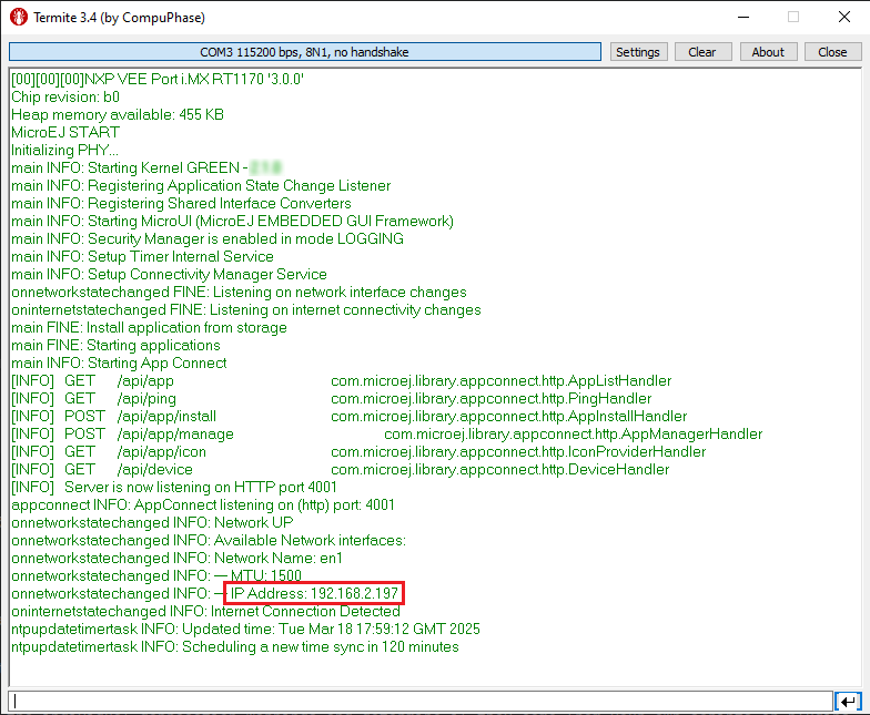 Logs Output on Termite Serial Terminal