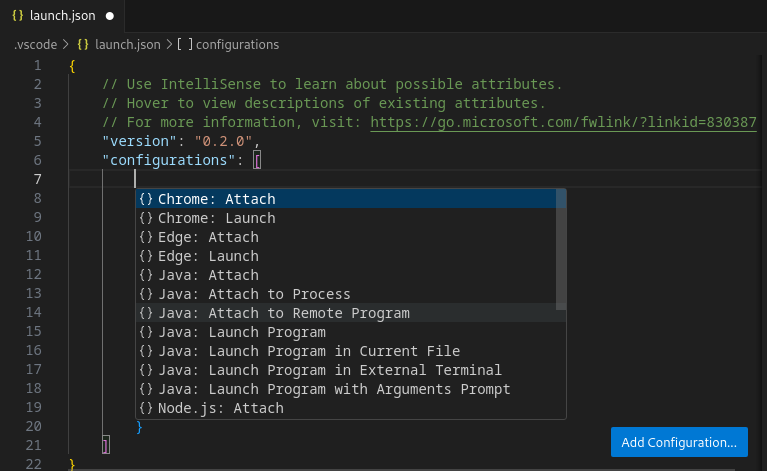 VS Code add attach remote debug configuration