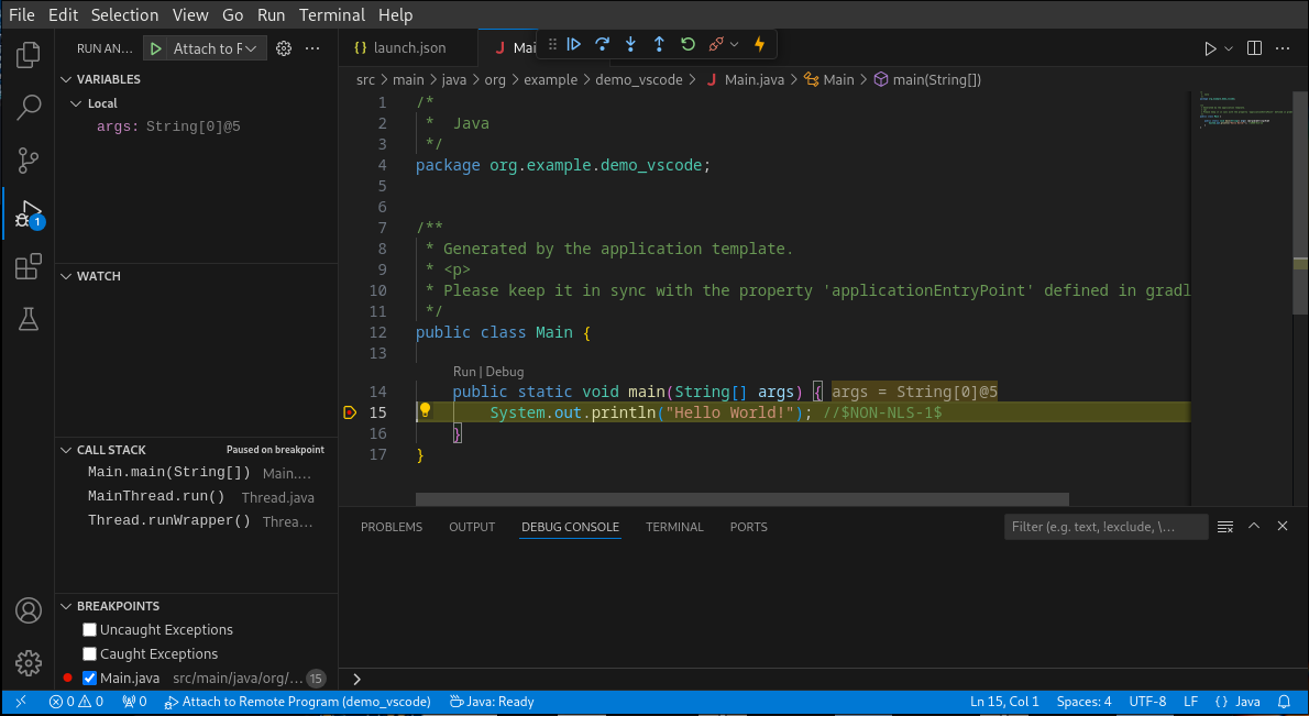 VS Code stopped on breakpoint